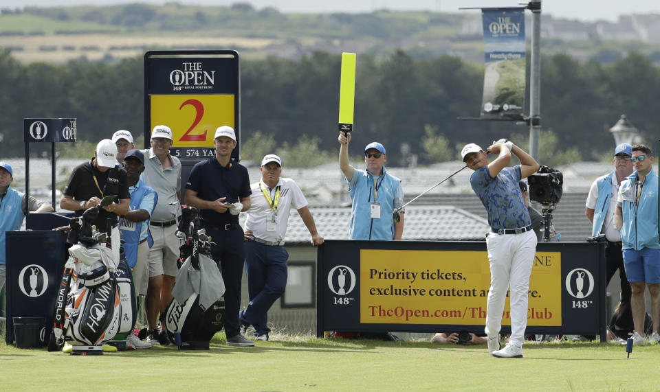 South Africa's Christiaan Bezuidenhout plays his tee shot off the 2nd during a practice round ahead of the start of the British Open golf championships at Royal Portrush in Northern Ireland, Tuesday, July 16, 2019. The British Open starts Thursday. (AP Photo/Matt Dunham)