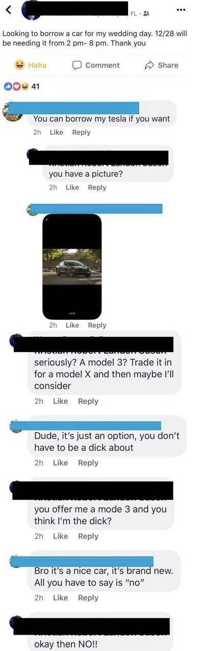 someone offering their tesla and the person responding that it's not nice enough
