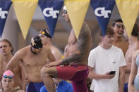 Caeleb Dressel waits to swim the men's 100 butterfly during the Speedo Atlanta Classic finals Friday, May 12, 2023, in Atlanta. (AP Photo/Brynn Anderson)