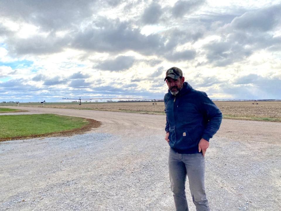 Eric Thalken on his organic farm in south Nebraska, where grows peas for a supplier of Beyond Meat (Richard Hall / The Independent)