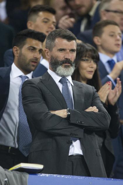 Aston Villa assistant manager Roy Keane takes his seat before the Europa League Group H soccer match between Everton and Wolfsburg at Goodison Park Stadium, Liverpool, England, Thursday Sept. 18, 2014. (AP Photo/Jon Super)