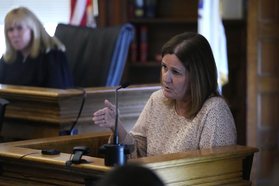 Nicole Albert testifies during the trial of Karen Read at Norfolk County Superior Court, Friday, May 10, 2024, in Dedham, Mass. Read, 44, is accused of running into her Boston police officer boyfriend with her SUV in the middle of a nor'easter and leaving him for dead after a night of heavy drinking. (AP Photo/Charles Krupa, Pool)
