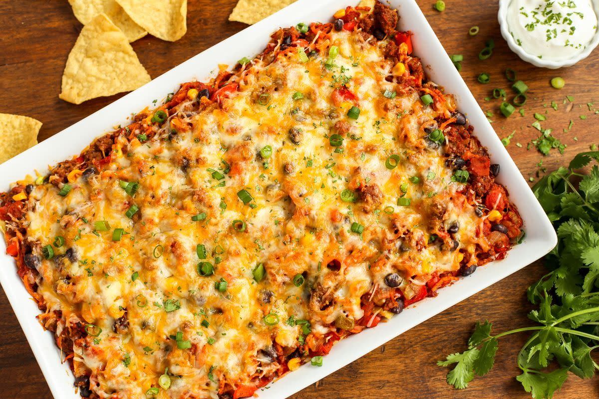 healthy cheesy sweet potato and beef taco casserole