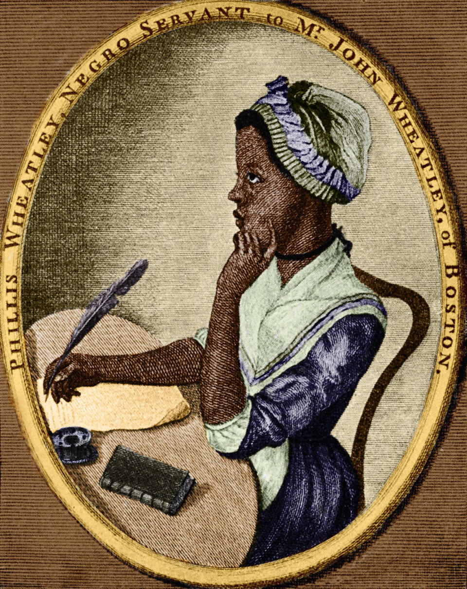 <p>1773 – PHILLIS WHEATLEY – LITERATURE —The first known African American woman published. — African-American poet: 1753 – December 5, 1784. As illustrated by Scipio Moorhead on the front page of her book ‘Poems on Various Subjects’. (Culture Club/Getty Images) </p>