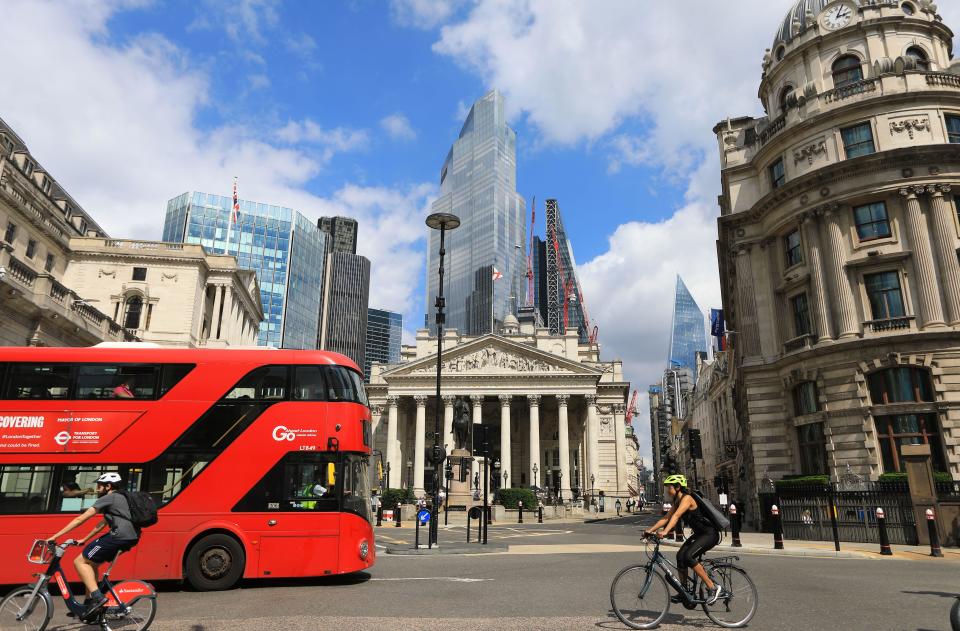 UK economy: The Royal Exchange on Cornhill by the Bank of England, City of London, UK