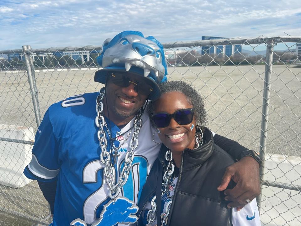 Will Scott and Pamela Evan Scott came in from South Lyon for the NFC Championship between the Lions and the 49ers in Santa Clara, Calif., on Sun., Jan. 28, 2024. Pamela said she couldn't sleep for two days after buying the pricey tickets, but seeing Will's unending smile has been worth it.
