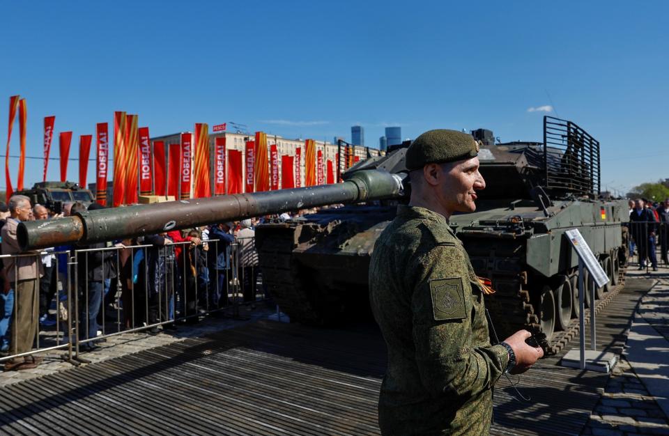 2024年5月1日，在俄羅斯莫斯科勝利公園展出的德製豹二A6戰車。路透社