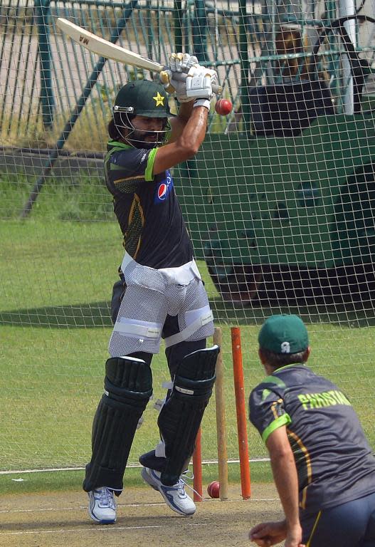 Pakistan-born cricketer Fawad Alam plays a shot during a fitness camp at the Gaddafi Cricket Stadium in Lahore on June 3, 2014