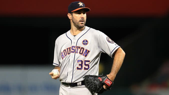 ANAHEIM, CA - SEPTEMBER 12:  Justin Verlander #35 of the Houston Astros pitches during the first  inning of a game against the Los Angeles Angels of Anaheim at Angel Stadium of Anaheim on September 12, 2017 in Anaheim, California.