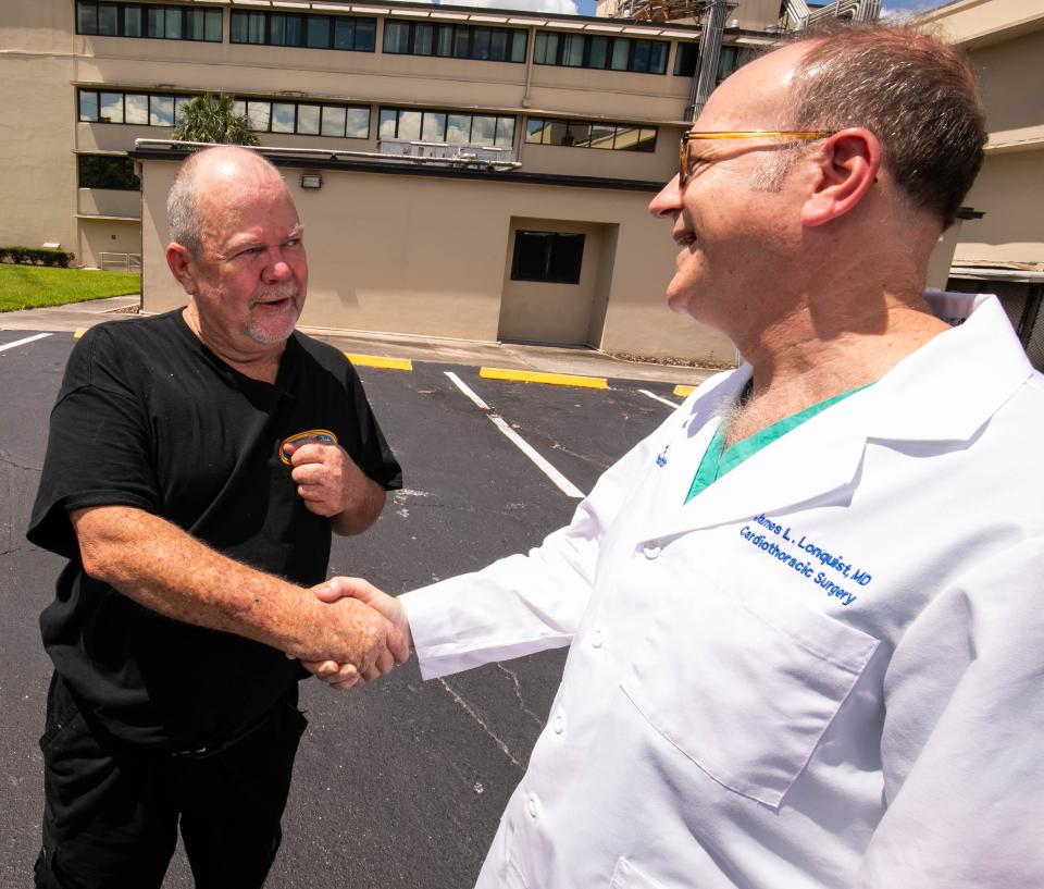 "You not only saved this heart, but all of those hearts," Jay Cowart told his surgeon Dr. James Lonquist, on June 9 as Cowart pointed to his wife and food truck employees. Cowart wanted to thank the surgery team that performed his bypass surgery in March, so he served them lunch out of his Sweet Baby Cheeses food truck, which he parked outside AdventHealth Ocala.