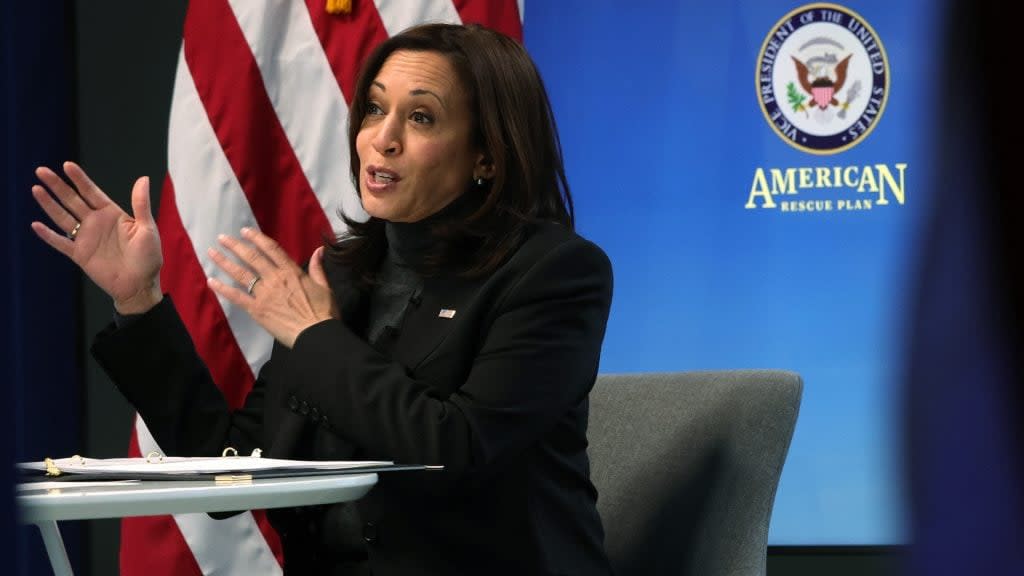 Vice President Kamala Harris speaks during Thursday’s virtual roundtable discussion with female leaders in both Congress and advocacy organizations on “the critical importance of passing the American Rescue Plan – particularly for women.” (Photo by Alex Wong/Getty Images)