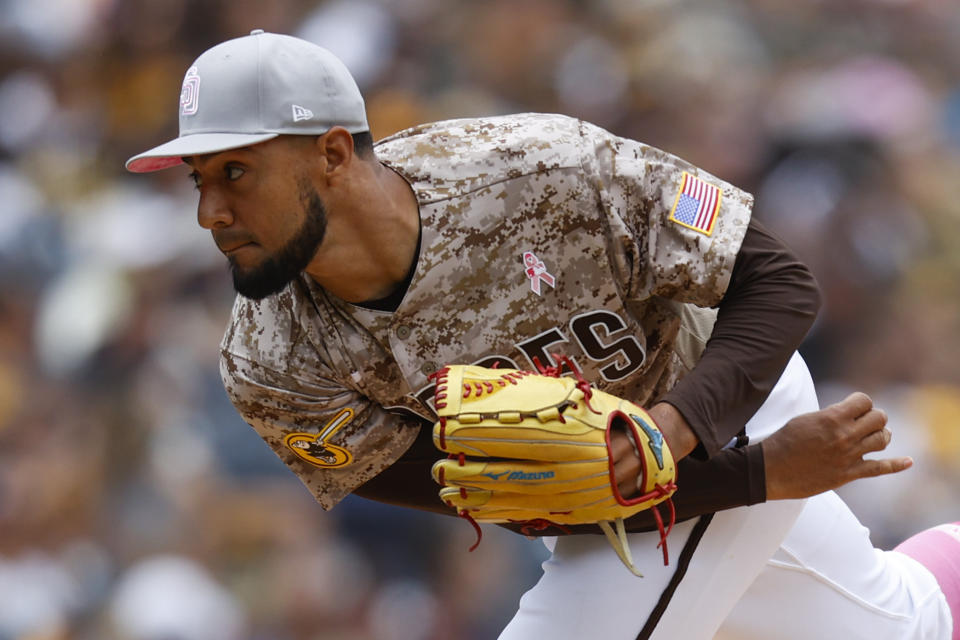 San Diego Padres' Robert Suarez pitches against the Miami Marlins during the eighth inning of a baseball game Sunday, May 8, 2022, in San Diego. (AP Photo/Mike McGinnis)