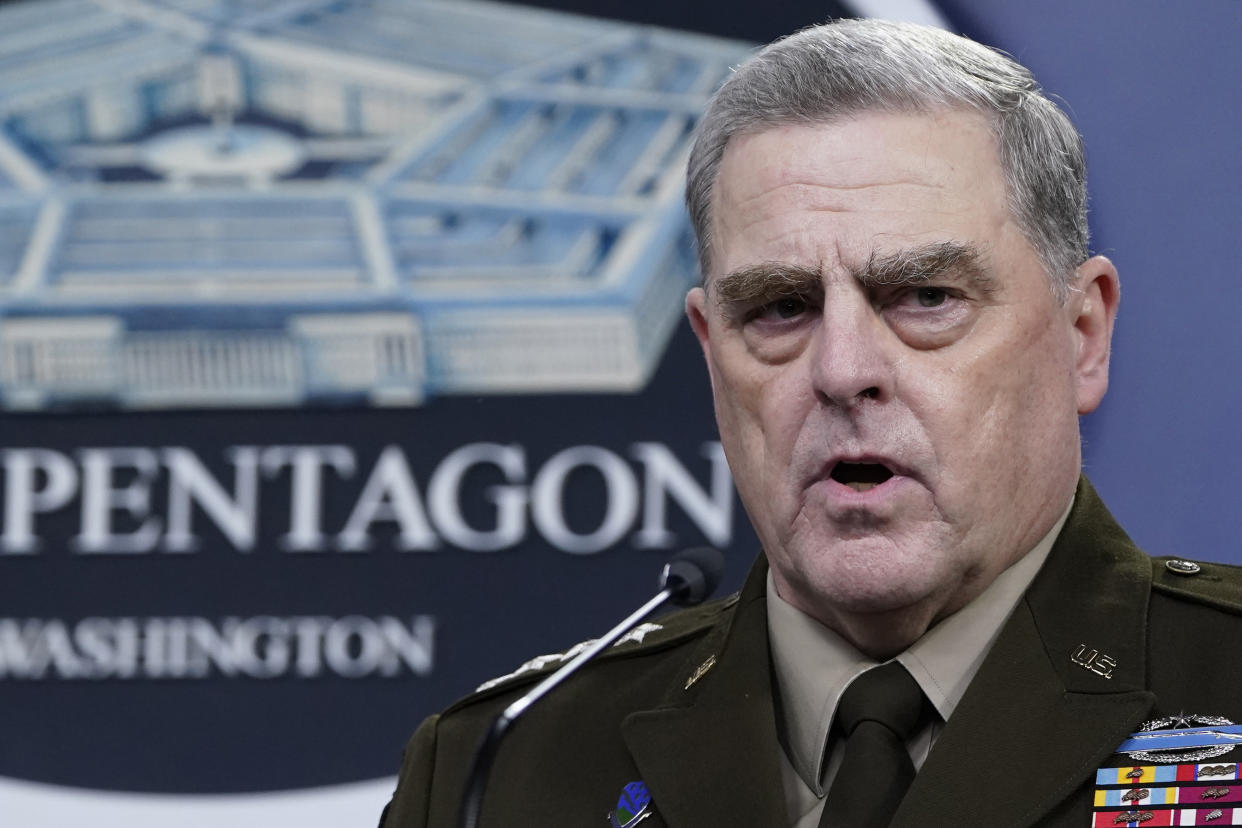 FILE - In this Sept. 1, 2021, file photo Chairman of the Joint Chiefs of Staff Gen. Mark Milley speaks during a briefing with Secretary of Defense Lloyd Austin at the Pentagon in Washington. Fearful of former President Donald Trump’s actions in his final weeks in office, the United States’ top military officer twice assured his Chinese counterpart that the two nations would not go to war. According to a forthcoming book by Washington Post journalists Bob Woodward and Robert Costa, Milley told a Chinese general that the United States would not strike. (AP Photo/Susan Walsh, File)