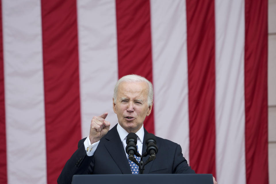 President Joe Biden speaks at the Memorial Amphitheater of Arlington National Cemetery in Arlington, Va., on Memorial Day, Monday, May 29, 2023. (AP Photo/Susan Walsh)