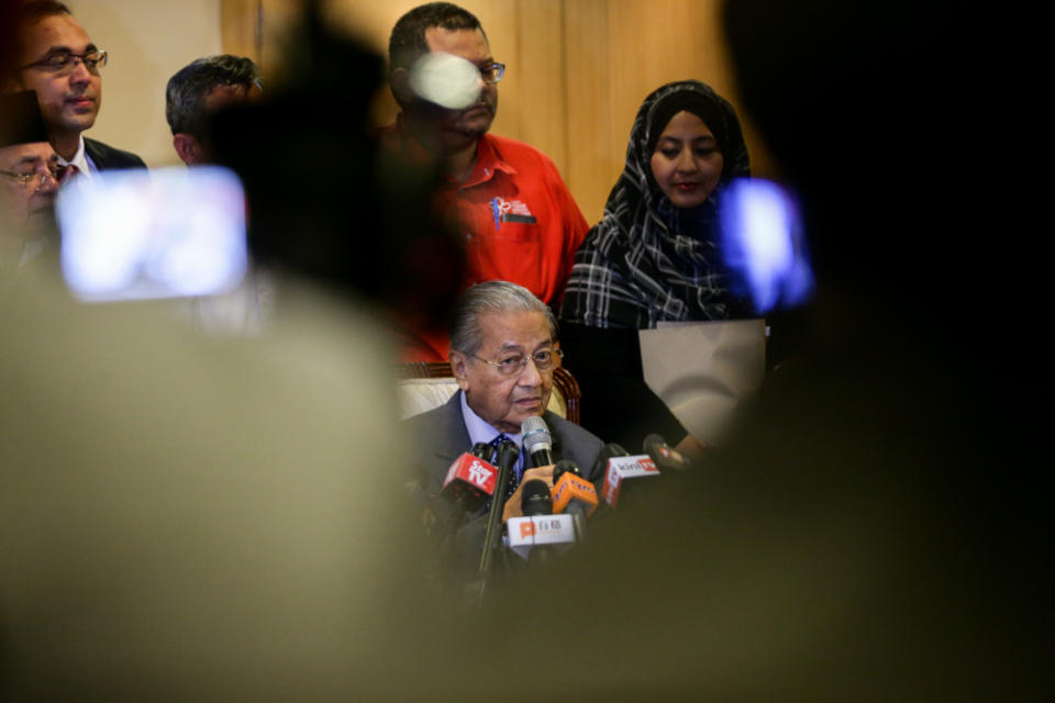 Tun Dr Mahathir at the Bersatu press conference in Perdana Leadership Foundation in Putrajaya July 15, 2019. — Picture by Ahmad Zamzahuri