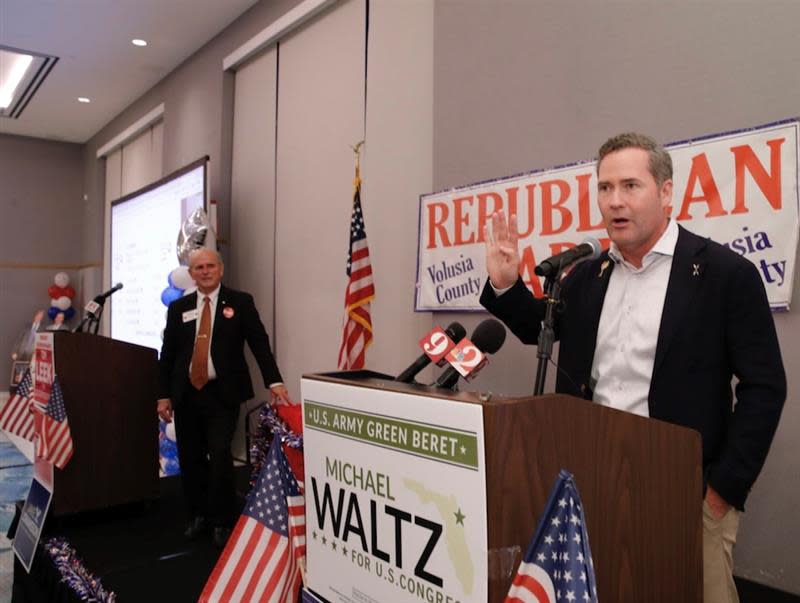 Congressman Mike Waltz speaks at a Volusia County Republican Party celebration Tuesday in Daytona Beach. Waltz won his primary and will face Libertarian Joe Hannoush in the general election.