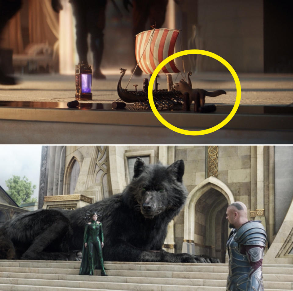 Sylvie's small wolf toy vs. Fenris in Thor: Ragnarok