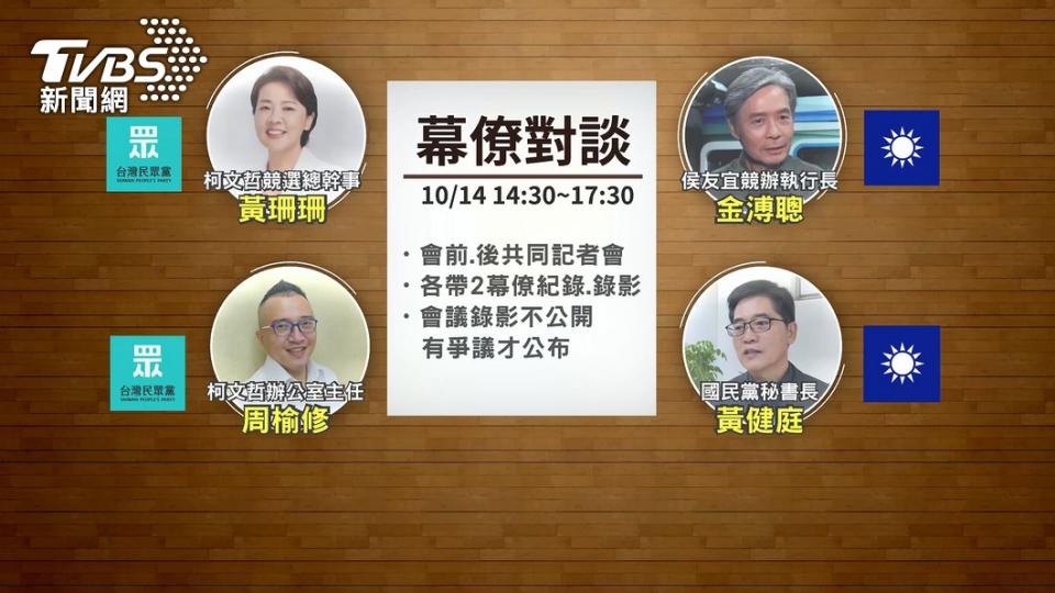 侯辦執行長金溥聰、柯辦總幹事黃珊珊10/14下午談「藍白合」。（圖／TVBS）