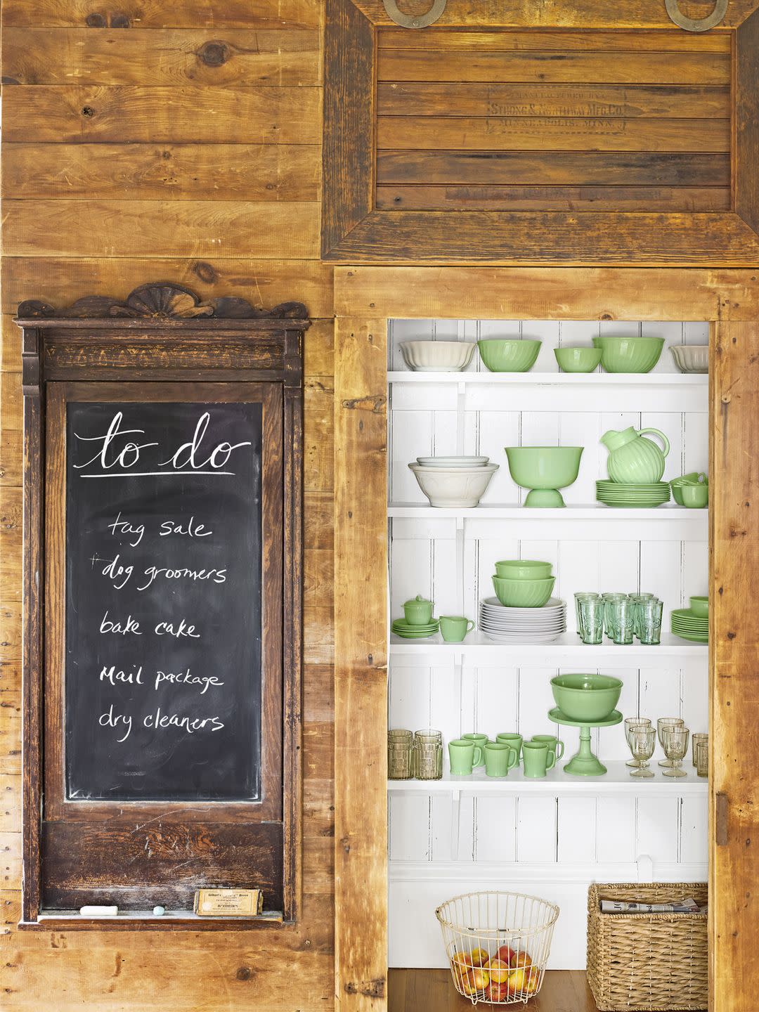farmhouse pantry with jadeite and ironstone
