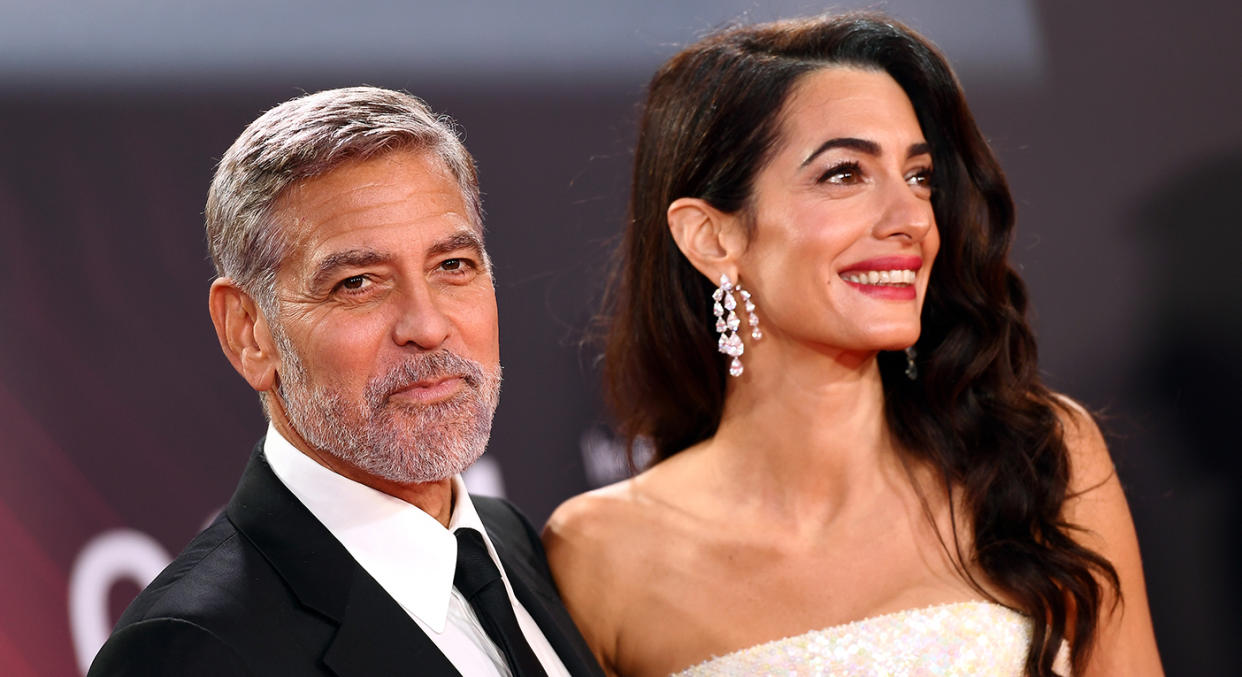 Amal Clooney's jeans-and-a-nice-top combination was one of three outfit changes. (Getty Images)