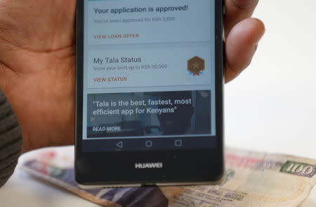 Tala app, an online financial micro lending platform is seen on a mobile phone in this photo illustration taken May 23, 2018. REUTERS/Thomas Mukoya/Illustration
