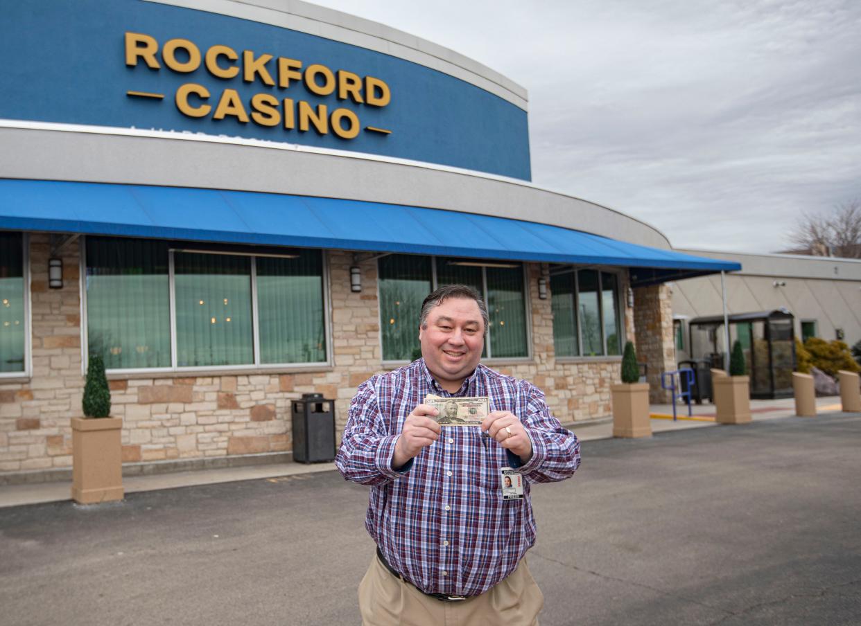 Jeff Kolkey, Rockford Register Star reporter, poses for a photo on Monday, April 3, 2023, at Rockford Casino, A Hard Rock Opening Act. Kolkey was among the first to play the casino's new live blackjack tables.