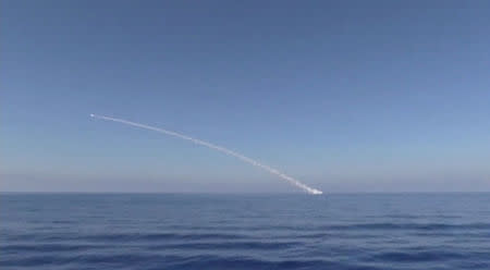 A still image taken from a video footage and released by Russia's Defence Ministry on May 31, 2017, shows a missile being fired from a Russian submarine to hit, Russian Defence Ministry said, Islamic State targets near the Syrian city of Palmyra, from the Mediterranean. Ministry of Defence of the Russian Federation/Handout via REUTERS TV