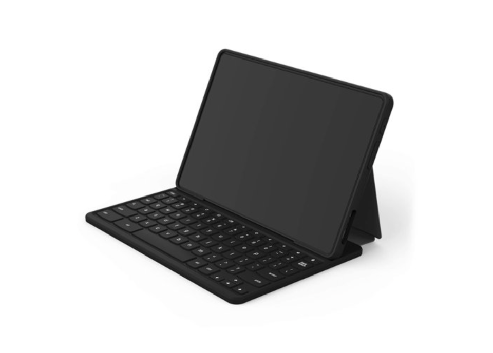 Lenovo 10e Chromebook Tablet propped up on keyboard case. 