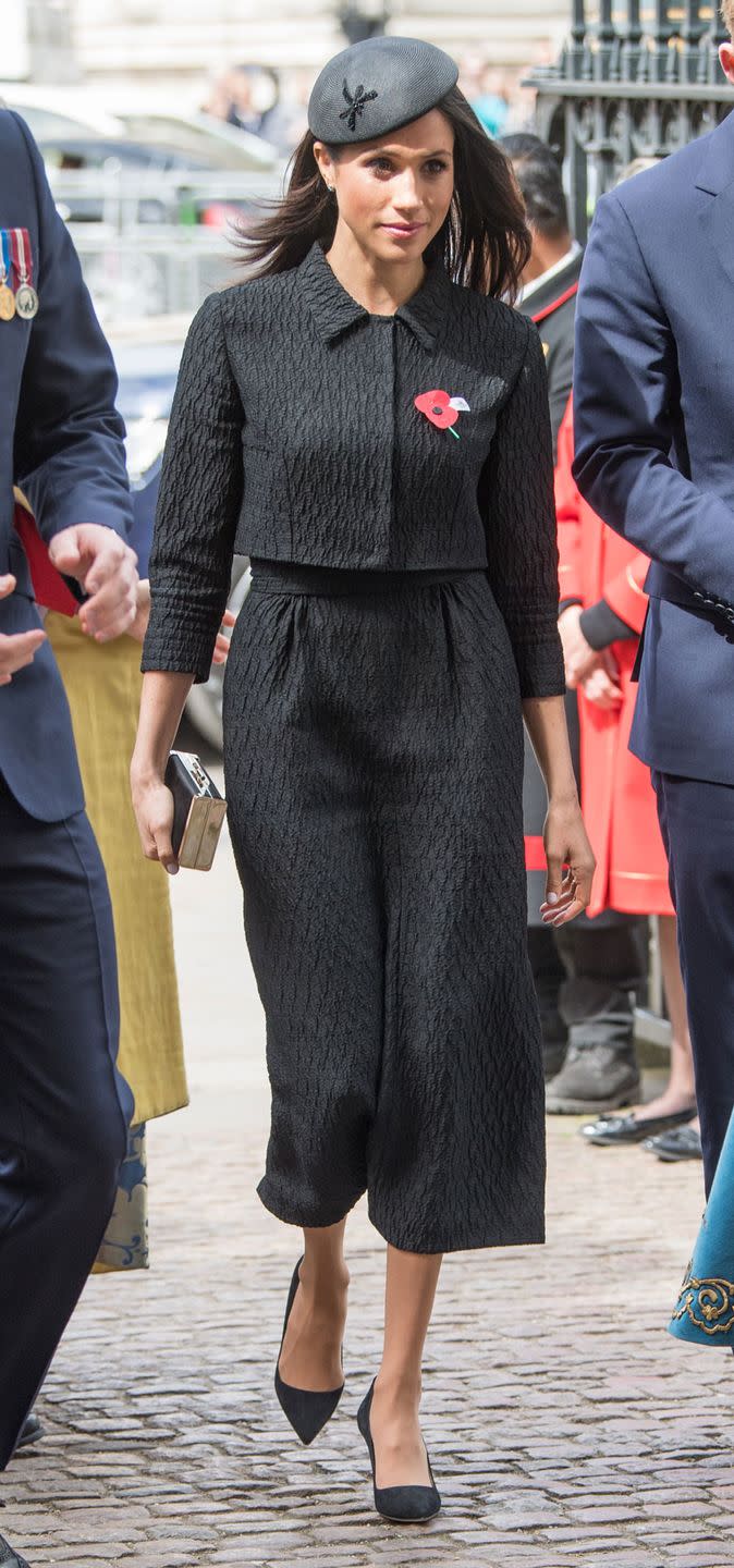 <p>After attending a 5am Anzac Day memorial, Meghan had a quick outfit change for a service at Westminster Abbey. Opting for all black, Meghan went for black culottes with a matching black jacket and beret. </p>