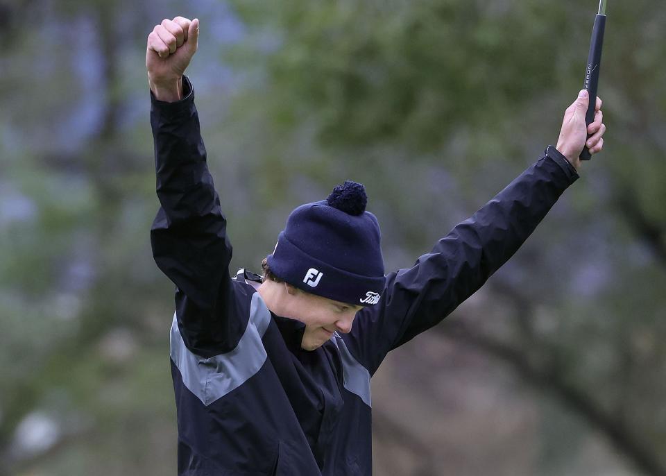 Morgan High School’s Lance Loughton Jr. celebrates after winning the 3A state tournament at Meadow Brook Golf Course in Taylorsville on Thursday, Oct. 12, 2023. | Laura Seitz, Deseret News