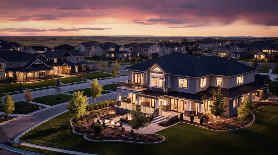 Aerial view of one of the company's net leased properties, the evening sky aglow in the background.