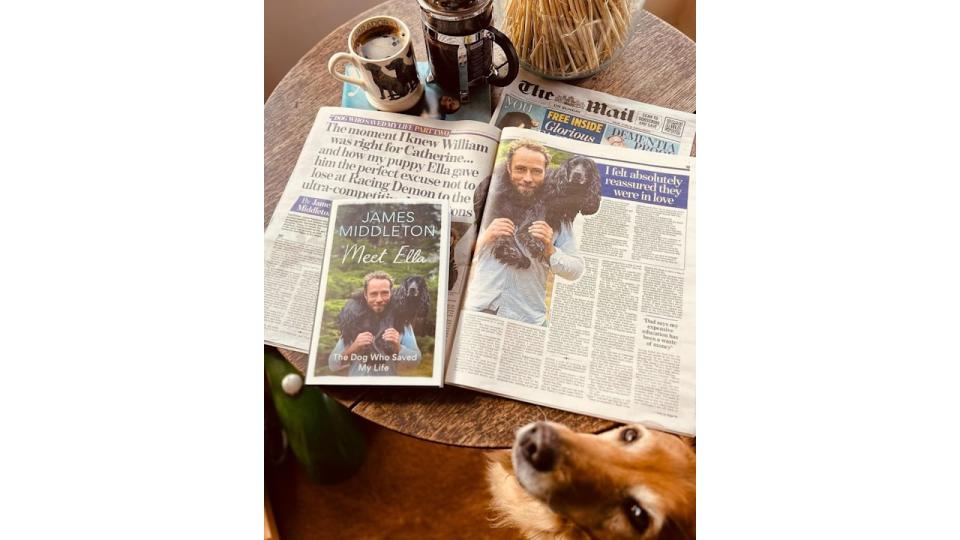 James Middleton's table with a dog coffee mug