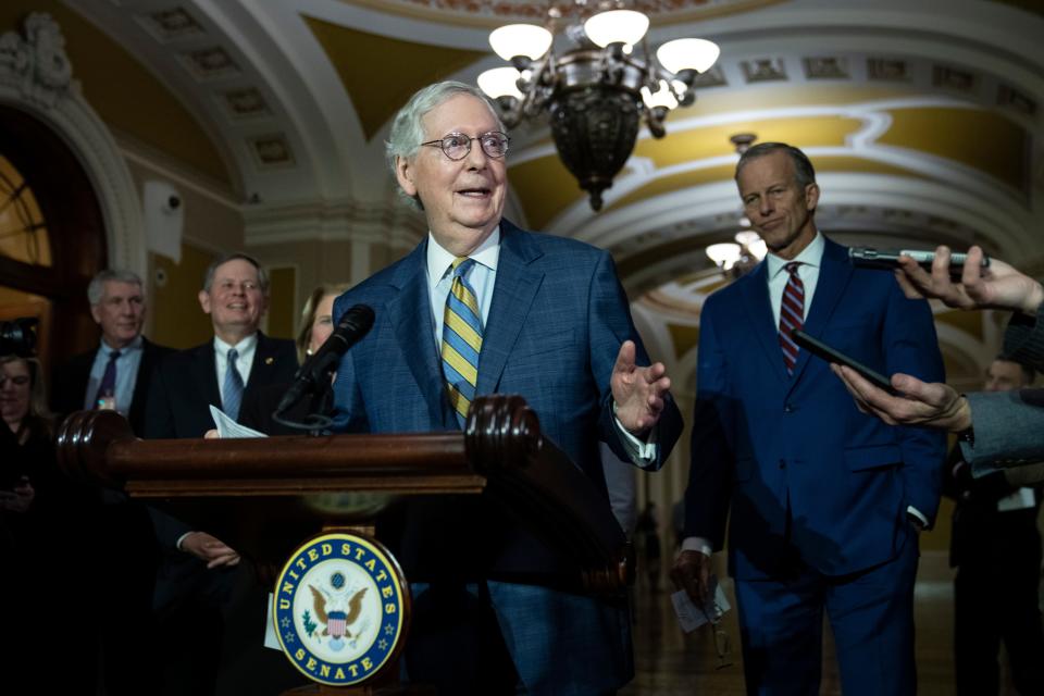 Senate Minority Leader Mitch McConnell (R-KY) speaks during a news conference at the U.S. Capitol on March 7, 2023 in Washington, DC. McConnell spoke on a range of issues after a closed-door lunch meeting with Senate Republicans.