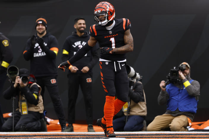 CINCINNATI, OHIO - JANUARY 08: Ja&#39;Marr Chase #1 of the Cincinnati Bengals celebrates after scoring a touchdown during the first half against the Baltimore Ravens at Paycor Stadium on January 08, 2023 in Cincinnati, Ohio. (Photo by Kirk Irwin/Getty Images)