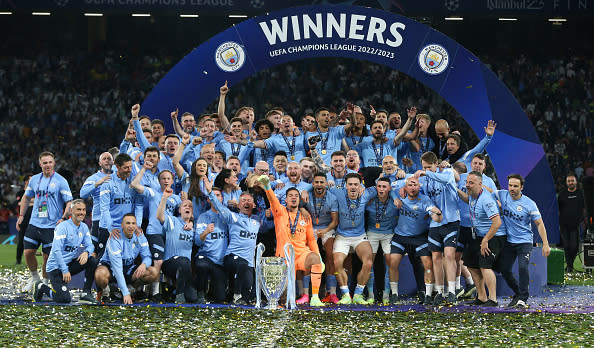 ISTANBUL, TURKEY - JUNE 10: Winners Manchester City during the UEFA Champions League 2022/23 final match between FC Internazionale and Manchester City FC at Ataturk Olympic Stadium on June 10, 2023 in Istanbul, Turkey. (Photo by Rob Newell - CameraSport via Getty Images)
