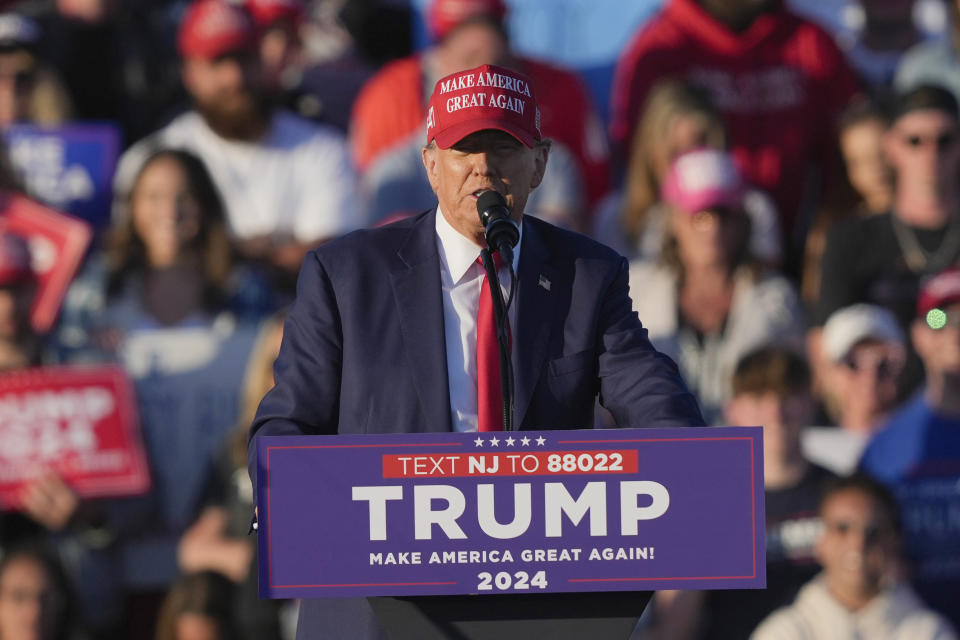 FILE - Republican presidential candidate former President Donald Trump speaks during his campaign rally in Wildwood, N.J., May 11, 2024. Trump's campaign is hiring extra medics, loading up on water bottles and allowing supporters to carry umbrellas to an outdoor rally in Las Vegas. Temperatures are expected to reach the triple digits Sunday as Trump courts voters in the battleground state. (AP Photo/Matt Rourke, File)