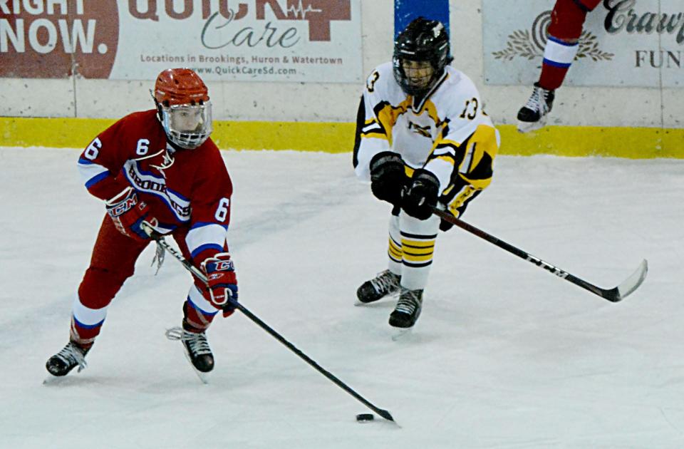 Luke Honkomp of the Brookings Rangers handles the puck against Tommy Foley of the Watertown Lakers during their South Dakota Amateur Hockey Association game on Friday, Dec. 2, 2022 in the Maas Ice Arena.