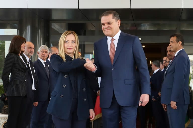 Italy's Giorgia Meloni being welcomed by interim Prime Minister Abdulhamid Dbeibah (Mahmud Turkia)