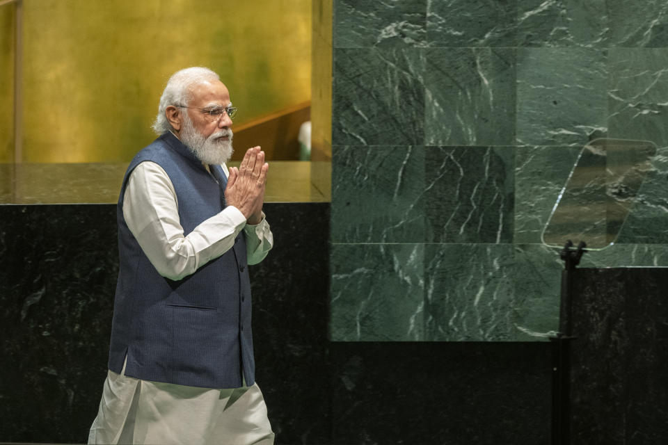 India's Prime Minister Narendra Modi arrives to address the 76th Session of the U.N. General Assembly at United Nations headquarters in New York, on Saturday, Sept. 25, 2021. (Eduardo Munoz /Pool Photo via AP)