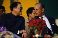 Indian prime minister Rajiv Gandhi attends a World Wildlife Fund (WWF) event with Prince Philip, president of the organization. Gandhi is announcing the launch of the WWF Indias Community Biodiversity Programme. (Photo by © Shepard Sherbell/CORBIS SABA/Corbis via Getty Images)