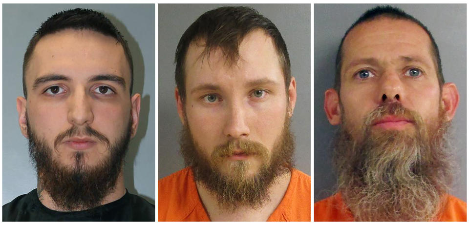 FILE - This combo of undated booking photos provided by Alvin S. Glenn Detention Center, left, and Jackson County Sheriff's Office, show, from left, Paul Bellar, Joseph Morrison and Pete Musico. The three men who forged an early alliance with the leader of a plot to kidnap Michigan's governor will return to court on Thursday, Dec. 15, 2022, and are facing potentially lengthy sentences for assisting him in the months before the FBI broke up the cabal in 2020. (Alvin S. Glenn Detention Center and Jackson County Sheriff's Office via AP, File)