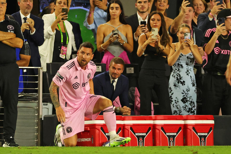 David Beckham looks on as Lionel Messi makes his Inter Miami CF in the Leagues Cup