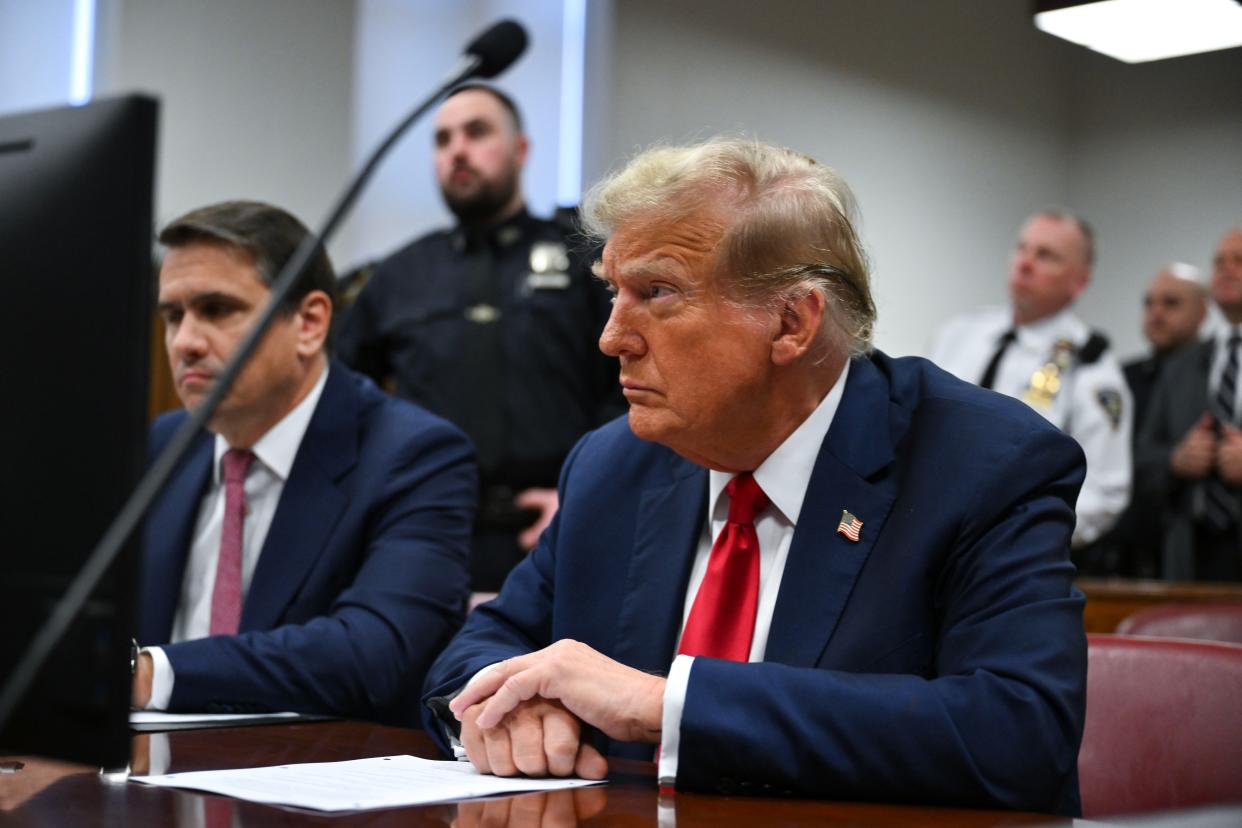 Former U.S. President Donald Trump attends the first day of his trial for allegedly covering up hush money payments at Manhattan Criminal Court on April 15, 2024, in New York City. Former President Donald Trump faces 34 felony counts of falsifying business records in the first of his criminal cases to go to trial.