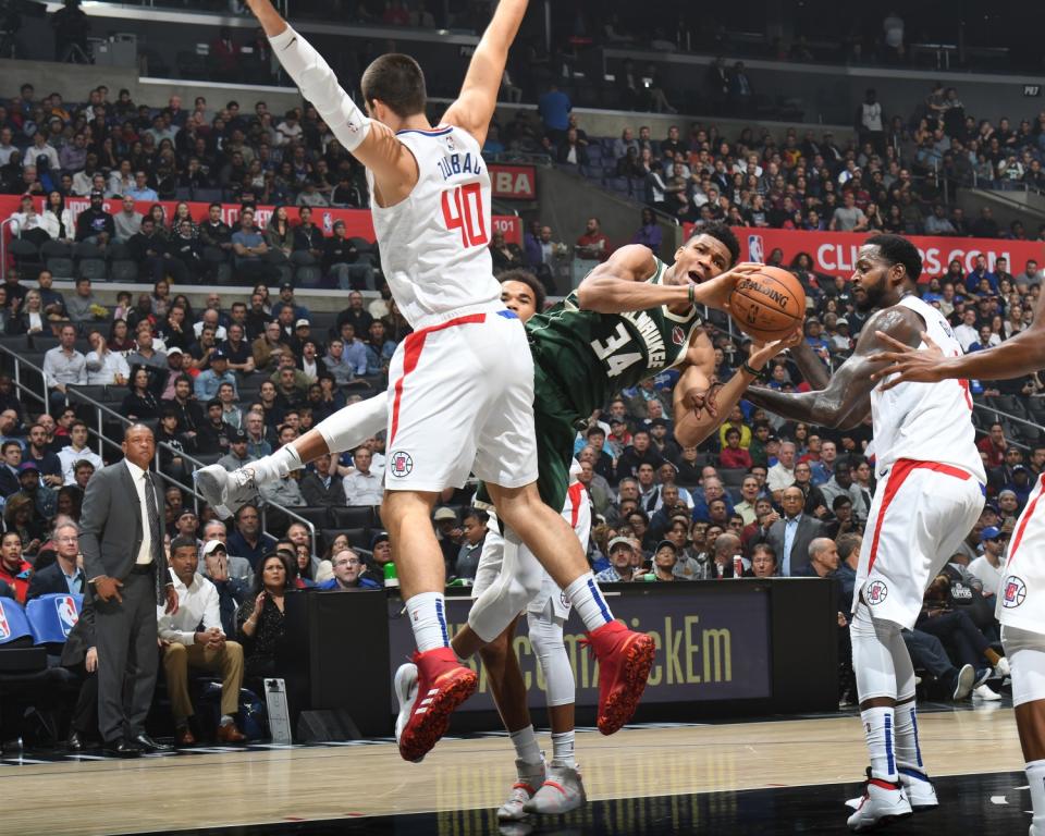 Milwaukee Bucks' Giannis Antetokounmpo handles the ball during a game against the Clippers on Nov. 6 at Staples Center.