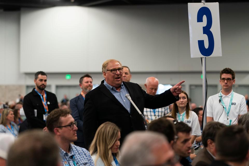 Pastor Rick Warren speaks during the Southern Baptist Convention's annual meeting in Anaheim, Calif., Tuesday, June 14, 2022. (AP Photo/Jae C. Hong)