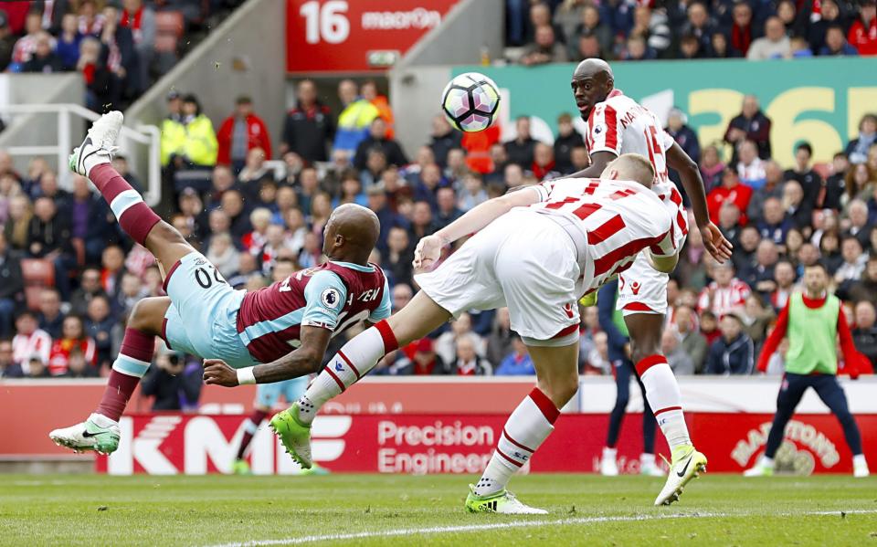 <p>West Ham United’s Andre Ayew attempts an overhead kick </p>