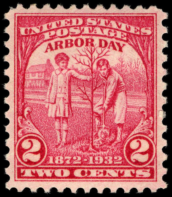 This is an image of the Arbor Day stamp created by the U.S. Postal Service in the 1930s. Arbor Day was conceived by J. Sterling Morton in 1872 and first celebrated in 1874. Arbor Day became a U.S. national holiday in 1970 along with Earth Day.