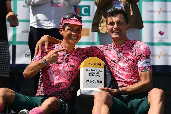 <span class="article__caption">Esteban Chaves and Ruben Guerreiro celebrate the podium.</span> (Photo: Dario Belingheri/Getty Images)