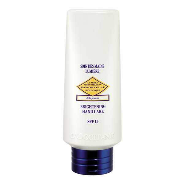 This skin-perfecting hand lotion is packed with UV filters that help to block the sun's rays.  $30, <a href="http://usa.loccitane.com/immortelle-brightening-hand-care-spf15,82,1,29465,278195.htm" target="_blank">loccitane.com</a>