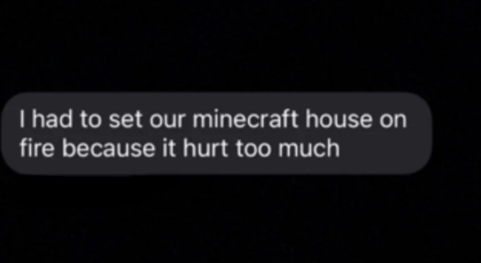 "I had to set our Minecraft house on fire because it hurt too much"